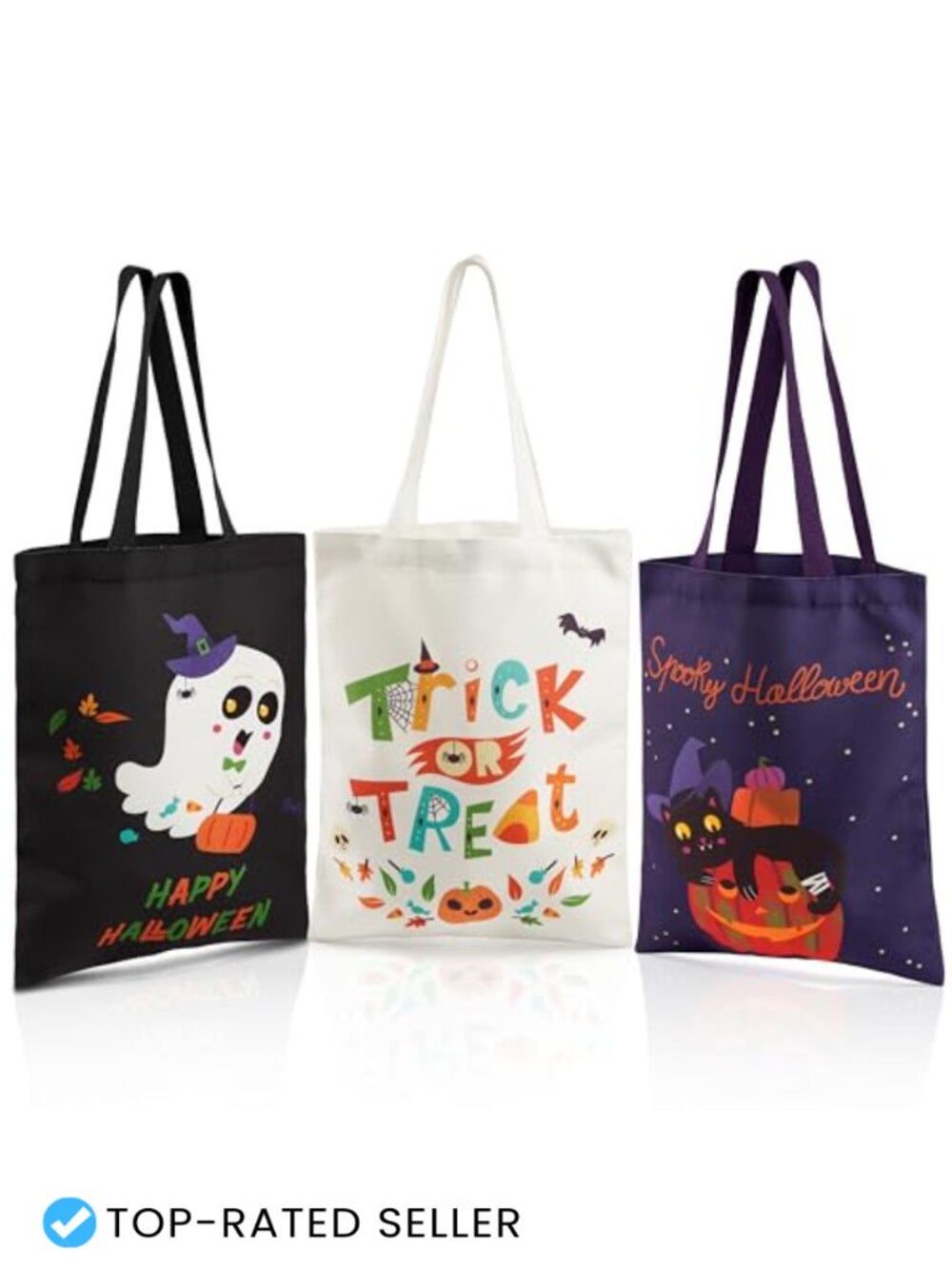 Set of 3 Halloween Canvas Tote Bags, Trick or Treat Goodie Bags, Reusable